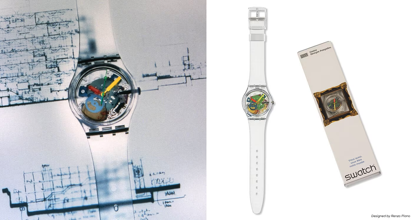 A transparent Swatch watch designed by Renzo Piano for the Centre Georges Pompidou, its movement fully visible.