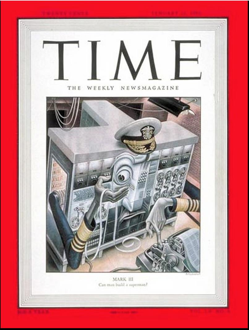 A vintage TIME magazine cover illustrating the Mark III as a humanoid machine, asking “Can man build a superman?”